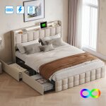 Lit rembourr� - luminarix - 160x200 cm - lit adulte double - led int�gr�e - 4 tiroirs de rangement