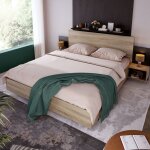 Lit double 160 x 200 cm t�te de lit avec 2 tables de chevet lit 2 personnes cadre de lit en bois sommier ...