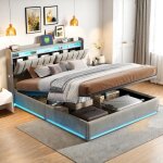 Lit coffre 160 x 200 cm avec t�te de lit conteneur et led et usb lit rembourr� lit double avec sommier ...