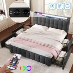 Lit double 160 x 200 cm tissu en lin avec 4 tiroirs et t�te de lit rembourr�lit adulte avec led / usb ...