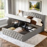Lit double 160 x 200 cm en velours - lit adulte coffre avec rangement hydraulique - d�cor avec boutons ...