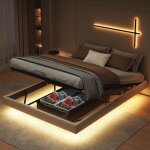 Lit double 160x200 - hofurni - coffre avec sommier à lattes - led intégrée - beige / noir - 2 places Lit double 160x200 - hofurni - coffre avec sommier à lattes - led intégrée - beige / noir - 2 places