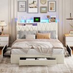 Lit double 160x200 adulte - coffre avec 4 tiroirs maxi Éclairage led intelligent & velours béige design ... Lit double 160x200 adulte - coffre avec 4 tiroirs maxi Éclairage led intelligent & velours béige design ...