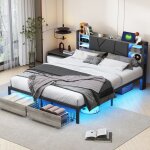 Lit double 160x200 en bois de fer pu noir 2 tiroirs de rangement sommier � lattes led rgb r�glable prise ...