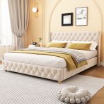 Lit double 160x200 capitonn� t�te de lit + sommier lattes boutons / clous pieds bois velours beige clair(sans ...