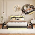 Lit double 160x200 cm avec 2 personnes avec chargement usb type c �clairage led 4 tiroirs espace de rangement ...