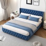 Lit double 160x200 cm lit adulte - velours bleu - sommier � lattes - 2 places