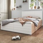 Lit double 160x200 cm - bois blanc et ch�ne - 2 tiroirs - sommier inclus - style moderne - 498 kg max ...