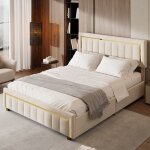 Lit double 160x200 cm - tissu lin - coton - beige - sommier � lattes inclus - sans matelas