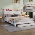 Lit double 160x200 cm avec �clairage led et ports usb - lit coffre avec 2 tiroirs - t�te de lit avec ...