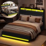 Lit double 160x200 cm avec �clairage led lit rembourr� avec rangement hydraulique 2 personnes sommier ...