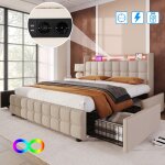Lit rembourr� - somubi - 160x200 cm - lin beige - led int�gr�e - 4 tiroirs de rangement