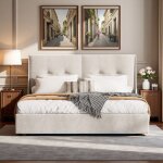 Lit coffre 160x200 cm double en velours beige avec led et rangement - design moderne et confortable pour ...