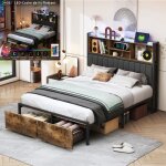 Lit 160x200 avec sommier tte rembourre led rgb 2 tiroirs prise usb cadre mtal bois rangement intgr ...