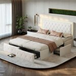 Lit double 160x200 cm avec prise de lumi�re led 4 tiroirs en pu doux pour la peau lit rembourr� pour ...