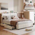 Lit double 160x200 cm avec rangement - lit coffre avec 4 tiroirs - cadre de lit avec port usb - avec ...