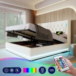 Lit double 160x200 cm - simili cuir blanc - coffre de rangement hydraulique - tte de lit led - ports ...