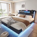 Lit double 160x200 cm avec sommier led et usb lit rembourr avec rangement et tete de rglable 2 personnes ...