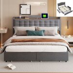 Lit double 160x200 cm avec tiroirs et fonction de charge usb type c tte de litlit adulte 2 personnes ...