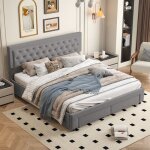 Lit double 160x200 cm en velours gris tte de lit capitonne lit  vrins hydraulique tiroirs de rangement ...