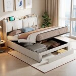 Lit double 160x200 - coffre hydraulique - velours blanc - m�tal dor� - �clairage led