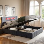 Lit double 160x200 coffre adulte - système hydraulique silencieux led rgb & design moderne gris avec ... Lit double 160x200 coffre adulte - système hydraulique silencieux led rgb & design moderne gris avec ...