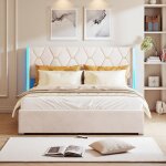 Lit double 160x200 avec fonction soulèvement facile & lit coffre 580l - design nordique beige pour espaces ... Lit double 160x200 avec fonction soulèvement facile & lit coffre 580l - design nordique beige pour espaces ...
