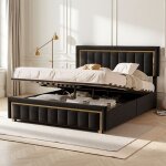 Lit double 160x200 avec fonction soulèvement facile - lit coffre adulte design velours noir & doré pour ... Lit double 160x200 avec fonction soulèvement facile - lit coffre adulte design velours noir & doré pour ...