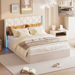 Lit double 160x200 avec fonction soulvement facile & lit coffre - design nordique beige pour espaces ...