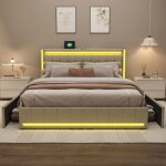 Lit double 160x200 en lin beige avec led 4 tiroirs en m�tal t�te de lit avec port usb design moderne