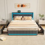 Lit double 160x200 en lin gris fonc� avec led 4 tiroirs en m�tal t�te de lit avec port usb design moderne ...