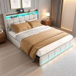 Lit double 160x200 avec rangement tiroirs led rgb usb tissu lin beige sommier lattes massif design moderne ...