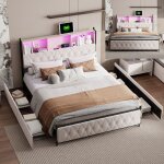 Lit double 160x200 avec rangement int�gr� led usb - lit coffre avec tiroirs spacieux style urbain en ...