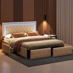 Lit double 160x200 - tiroirs intgrs - led rgb - top - simili cuir blanc cass - contemporain