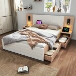 Lit double 180 x 200 cm en bois massif avec 2 tiroirs et lampe de lecture lit coffre avec 2 tables de ...
