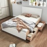 Lit double en bois - langtu - 180x200 cm - 2 tiroirs r�versibles - sommier � lattes - finition ch�ne ...