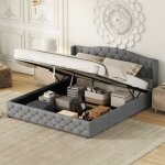 Lit double 180 x 200 cm lit capitonn lit plat (sans matelas) avec rangement hydraulique gris