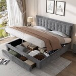 Lit double 180x200 cm - velours gris - tiroirs de rangement - t�te de lit r�glable - design contemporain ...