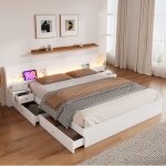 Lit double 180x200 cm lit 2 personnes avec usb led et prise commande par app mobile 2 tables de chevet ...