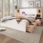 Lit double 180x200 cm en bois - avec 2 chevets et 2 tiroirs - 2 liseuses rotatives avec prise usb - blanc ...