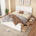 Lit double 180x200 cm en bois - avec 2 tiroirs et sommier  lattes - blanc & naturel (matelas non inclus) ...
