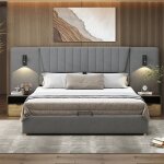 Lit coffre - 180x200 cm - velours gris - lampes de lecture pivotantes & prise usb - coffre de rangement ...
