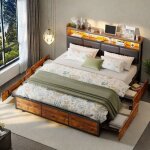 Lit double 180x200 cm industriel style avec led rgbtiroirs et t�te de lit cuir noir bois tigr�?compartiments ...