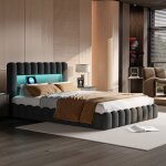 Lit double 180x200 cm avec sommier a lattes et tete de lit adwolt led rangement hydraulique design tronc ...