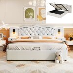 Lit double 180x200 cm avec tête de lit et port usb lit coffre avec 2 lampes de chevet tissu en lin beige ... Lit double 180x200 cm avec tête de lit et port usb lit coffre avec 2 lampes de chevet tissu en lin beige ...