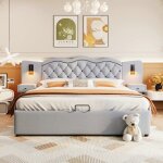 Lit double 180x200 cm avec tte de lit et port usb lit coffre avec 2 lampes de chevet tissu en lin style ...