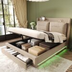 Lit double 180x200 cm - velours beige - tiroirs de rangement - �clairage led - sommier inclus