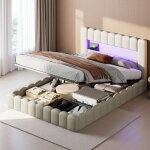 Lit double 180x200 - lit coffre adulte - syst�me hydraulique silencieux - rgb - design moderne beige