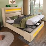 Lit double 180x200 - design - tissu lin beige - led - usb / type - c - coffre de rangement hydraulique ...