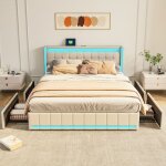 Lit double 180x200 en lin beige avec led 4 tiroirs en m�tal t�te de lit avec port usb design moderne
